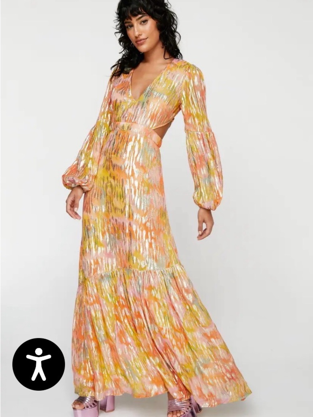 Metallic Blurred Floral Open Back Maxi Dress